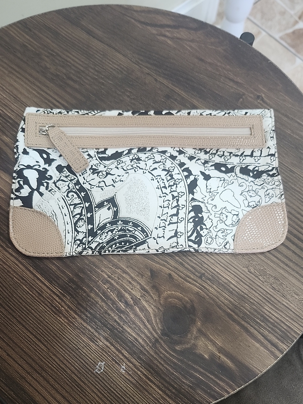 Etro Milano Beige and Black Printed Wallet with Tan Trim